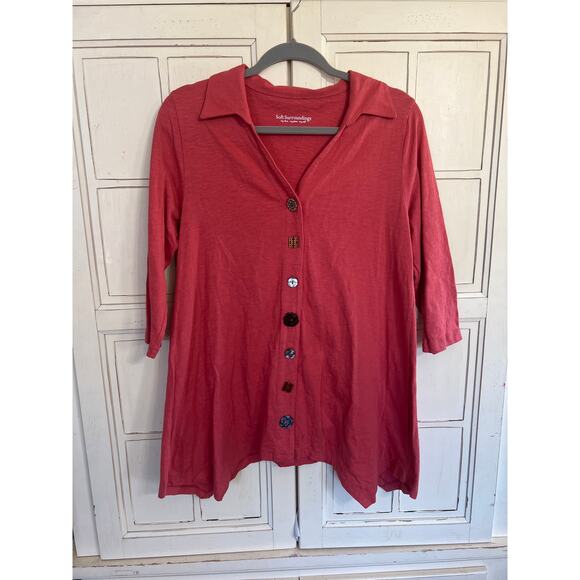 Soft Surroundings size small coral colored button down top asymmetrical hem - Picture 1 of 4